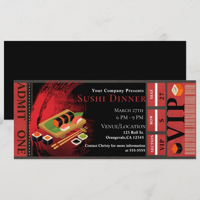 Invitation Dîner VIP de sushi noir et rouge élégant moderne (Devant / Derrière)