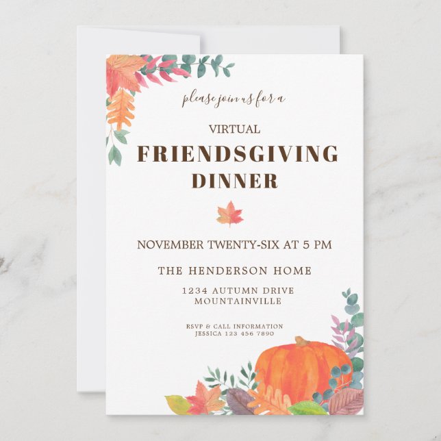 Invitation Dîner Virtuel de Friendsgiving aux Feuilles d'Auto (Devant)