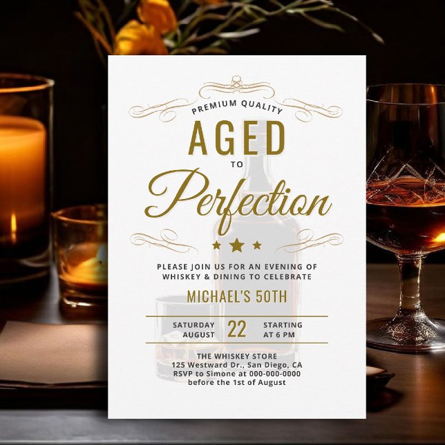 Invitation Dîner Whisky Vieilli à la Perfection 50e Anniversa (whiskey birthday party invitation for him 50th bourbon aged to perfection gold white template card)