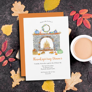 Invitation Dîners de Thanksgiving, Cheminée, Citrouilles