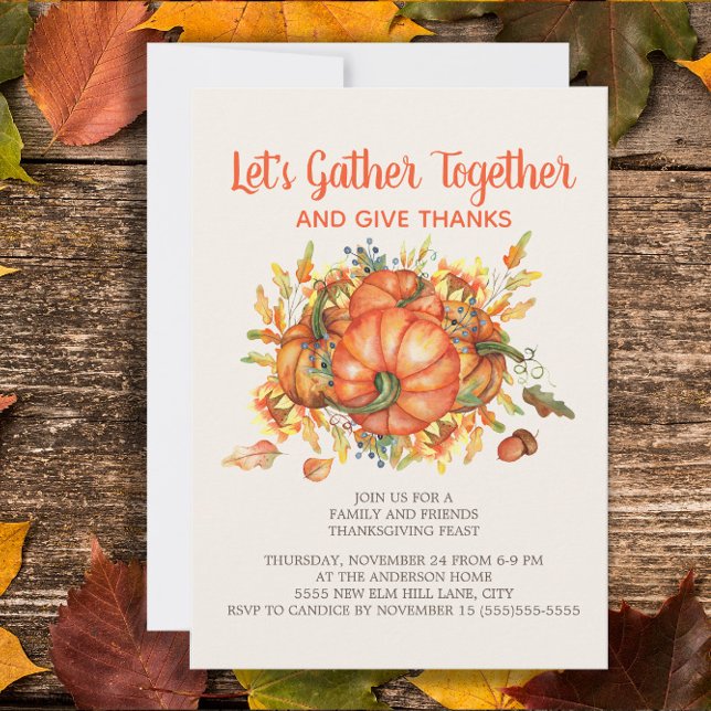 Invitation Dîners de Thanksgiving Citrouilles Rassembler Rend ("Let's gather together and give thanks" Thanksgiving Dinner invitation)