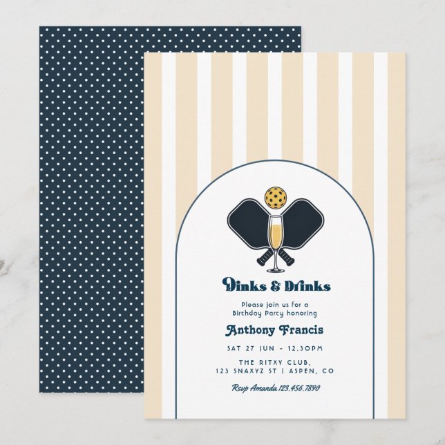 Invitation Dinks & Drinks Champagne Navy Pickleball Anniversa (Devant / Derrière)
