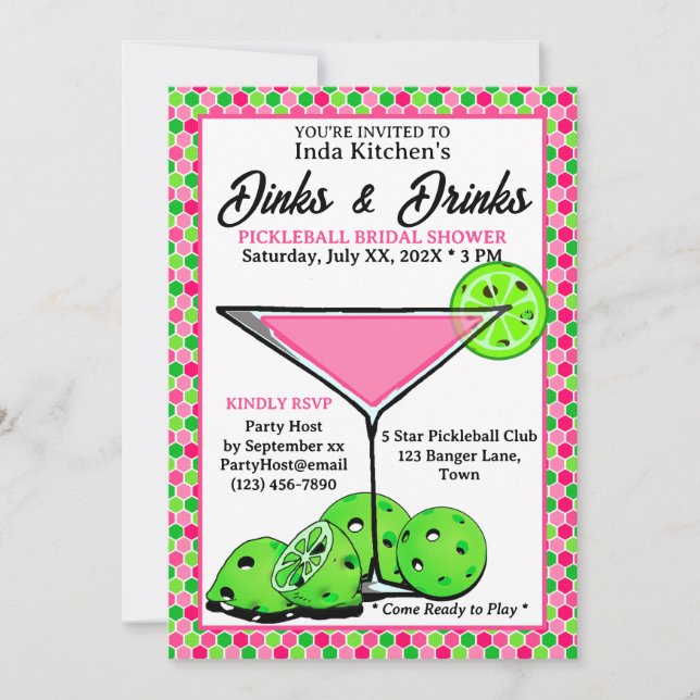 Invitation Dinks & Drinks Pickleball Mariage Rose en Nid d'Ab (Devant)