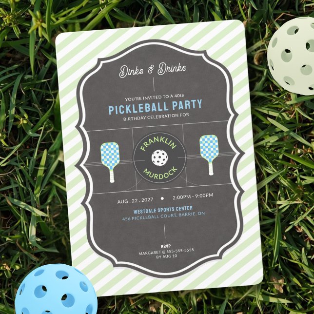 Invitation Dinks et Boissons Vert & Bleu Anniversaire de Pick (Striped Green Pickleball Birthday Invitation)