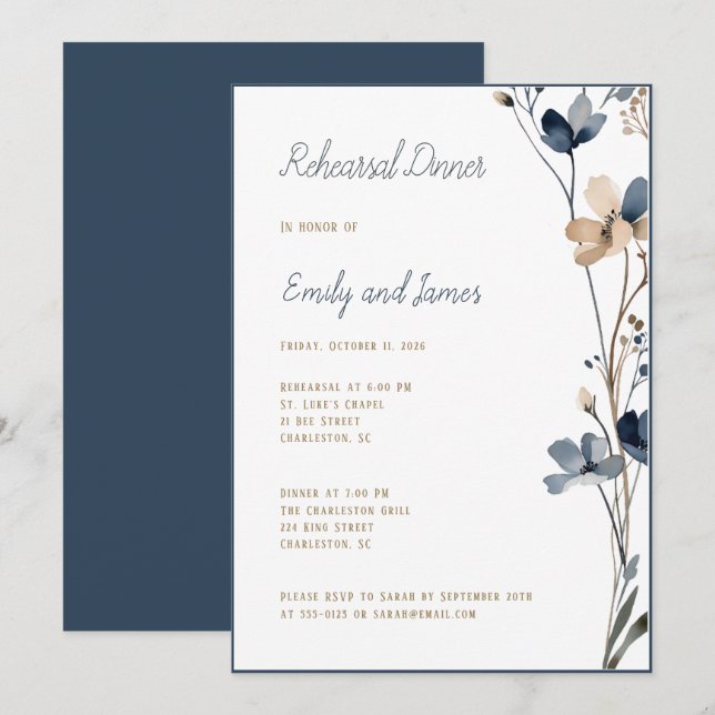 Invitation Dinner Dusty Blue Beige Botanical Modern Wedding (Devant / Derrière)