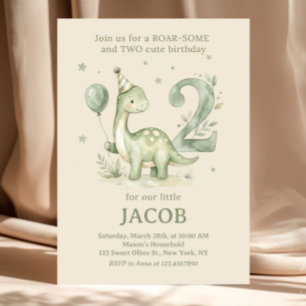 Invitation Dino Aquarelle Vert Sauge 2e Anniversaire