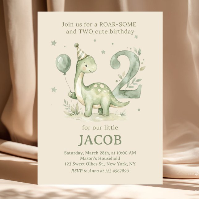 Invitation Dino Aquarelle Vert Sauge 2e Anniversaire (dinosaur 2nd birthday invitation, roarsome two invite, 2nd birthday dinosaur, dinosaur birthday invi)