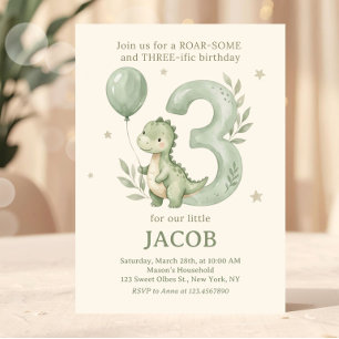 Invitation Dino Aquarelle Vert Sauge 3ème Anniversaire