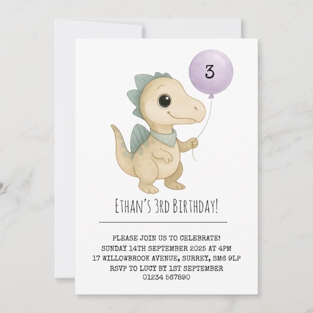 Invitation Dino beige avec pointes bleues et Joyeux Anniversa (Devant)