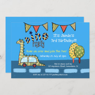 Invitation Dino Car Dinosaur Blue Yellow Boys Anniversaire