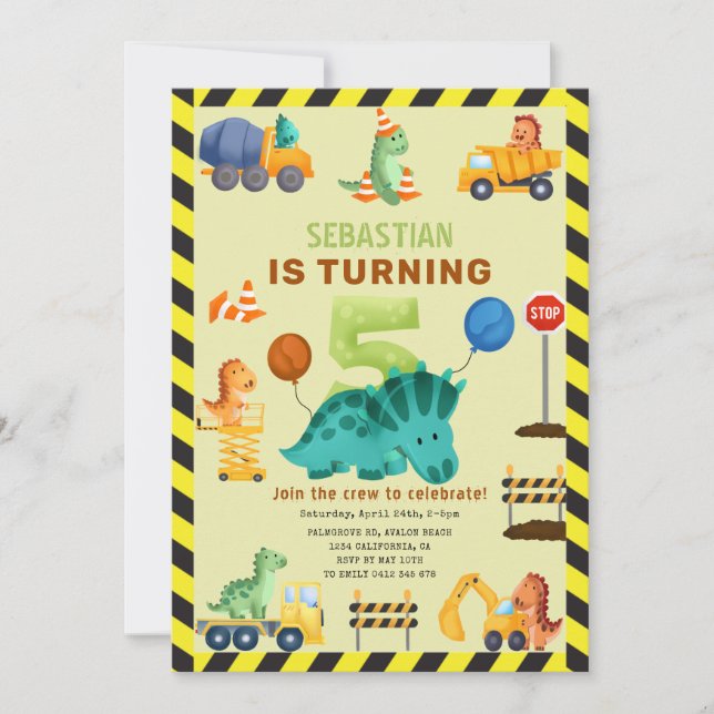 Invitation Dino Crew Construction 5e Anniversaire Dinosaur (Devant)