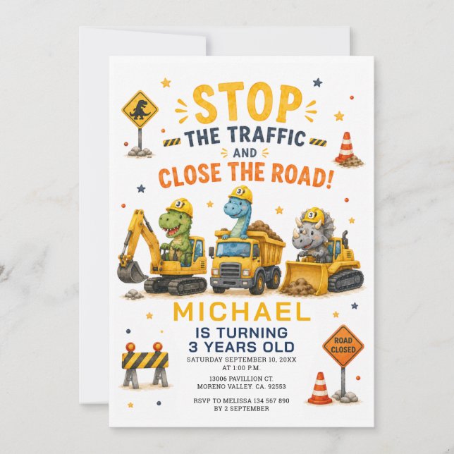 Invitation Dino Dump Construction Arrêtez la circulation anni (Devant)
