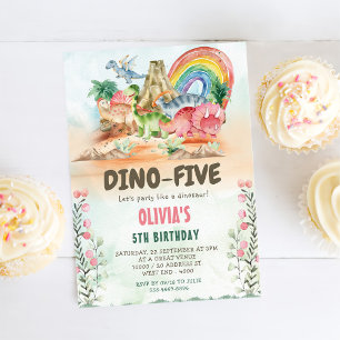 Invitation Dino-Five Dinosaur Fille 5e fête d'anniversaire