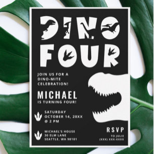 Invitation Dino Four Black Dinosaur 4e fête d'anniversaire