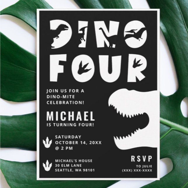Invitation Dino Four Black Dinosaur 4e fête d'anniversaire (Créateur téléchargé)