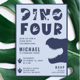 Invitation Dino Four Blue Dinosaur 4e fête d'anniversaire