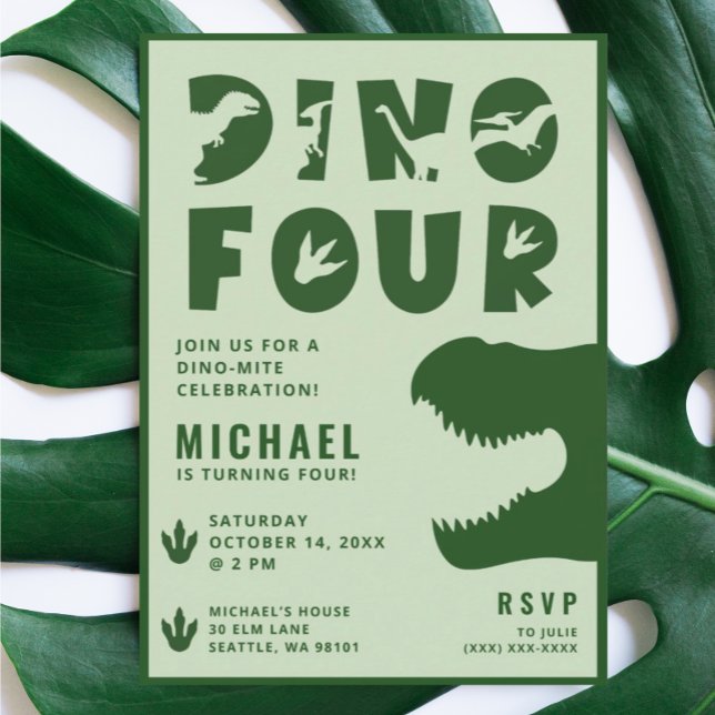 Invitation Dino Four Green Dinosaur 4e fête d'anniversaire (Créateur téléchargé)