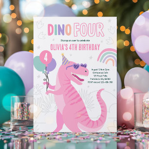 Invitation Dino Four Rose T-Rex Dinosaur 4e fête d'anniversai