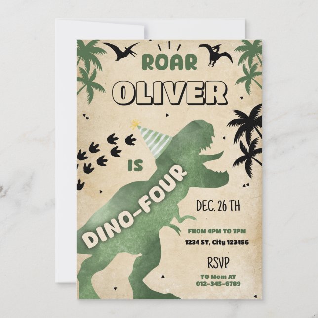 Invitation Dino Four T-Rex Dinosaur 4e anniversaire Invitatio (Devant)