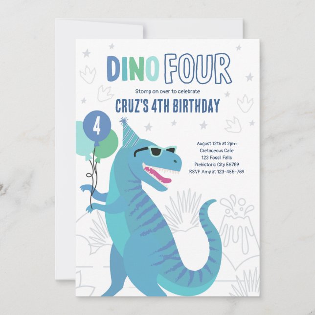 Invitation Dino Four T-Rex Dinosaur 4e fête d'anniversaire (Devant)