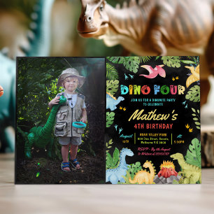 Invitation Dino Four T-Rex Dinosaur 4ème anniversaire de fête