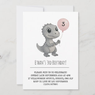 Invitation Dino gris avec ballons rose Illustration Anniversa