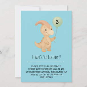 Invitation Dino heureux avec crête incurvée et ballon d'anniv