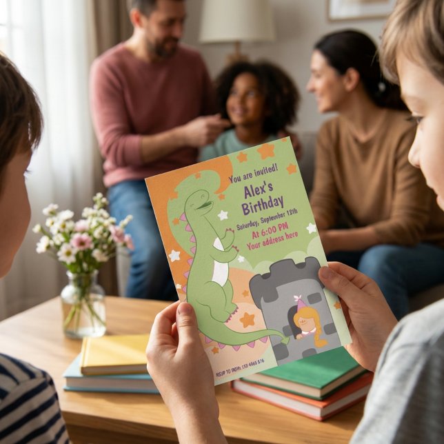 Invitation Dino-mite Anniversaire Bash ! Dinosaure à main (Dino-mite Birthday Bash Hand-Drawn Dinosaur Invitation)