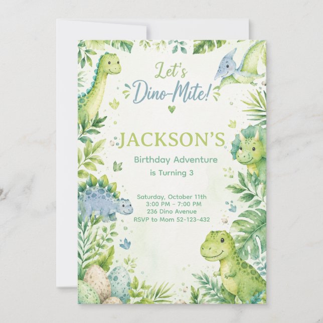 Invitation Dino Mite Watercolor Dinosaur Birthday Party Paste (Devant)