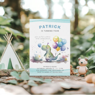 Invitation Dino Party Cute Aquarelle Boy Blue Anniversaire