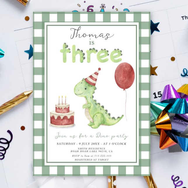 Invitation Dino Party | Cute Dinosaur Anniversaire Trois-Rex (Créateur téléchargé)