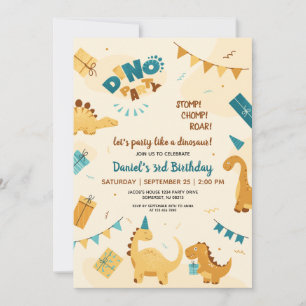 Invitation Dino Party. Cute Dinosaures 3e anniversaire