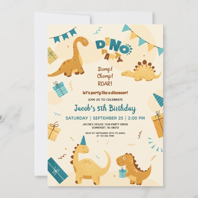 Invitation Dino Party. Cute Dinosaures 5e anniversaire (Devant)
