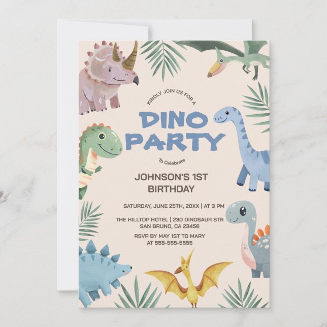Invitation Dino Party | Cute Dinosaures Premier anniversaire  (Devant)