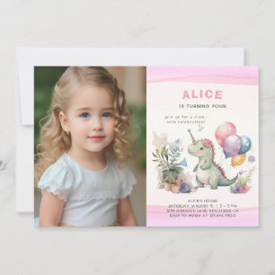 Invitation Dino Party Cute Watercolor Girl rose Anniversaire