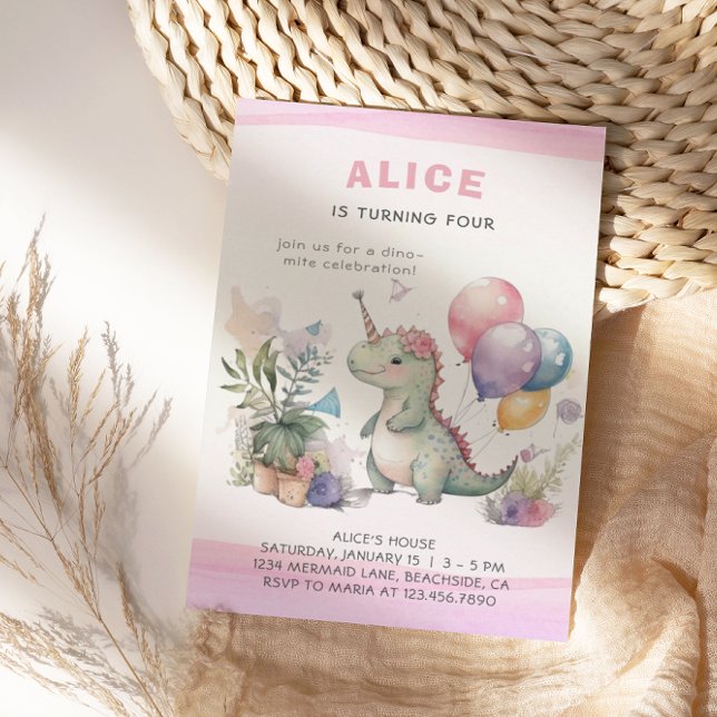 Invitation Dino Party Cute Watercolor Girl rose Anniversaire (Créateur téléchargé)