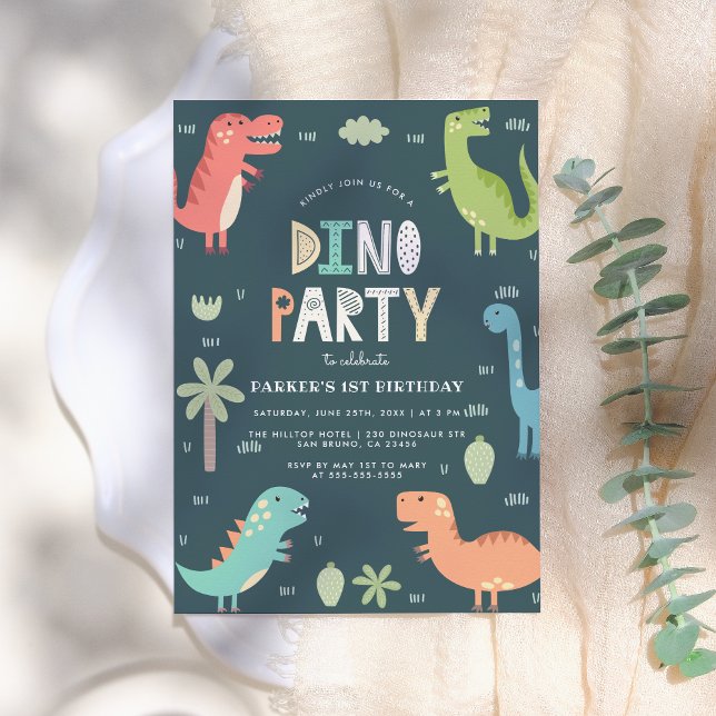 Invitation Dino Party | Dinosaures mignons Premier Anniversai (Créateur téléchargé)