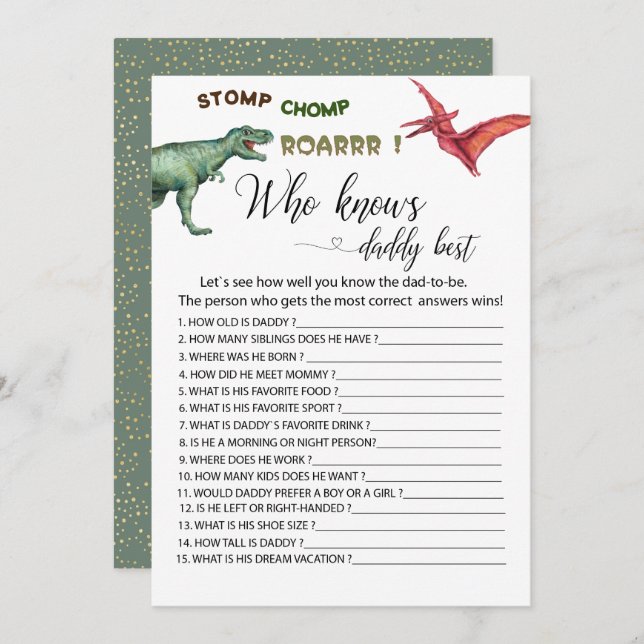 Invitation Dino Party estompe chomp roar jeux qui connaît pap (Devant / Derrière)