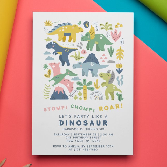 Invitation Dino Party mignon Dinosaures moderne Sixième anniv (Créateur téléchargé)
