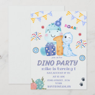 Invitation Dino Party premier anniversaire dinosaures mignons