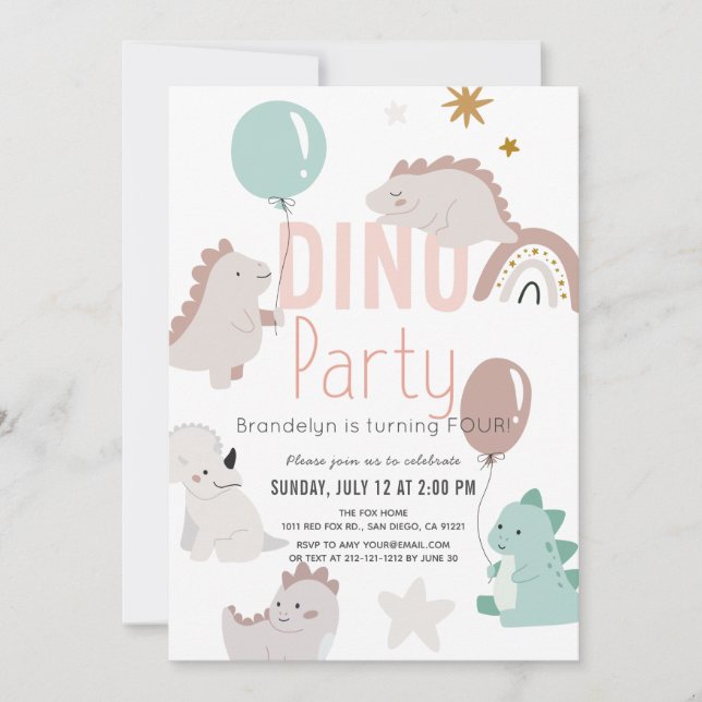 Invitation Dino Party rose Dinosaur fille Anniversaire (Devant)