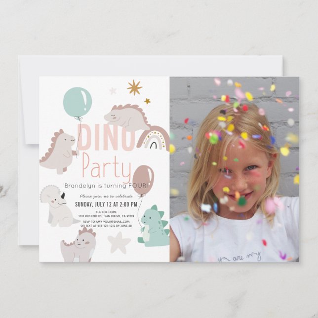Invitation Dino Party rose Dinosaur fille photo Anniversaire (Devant)