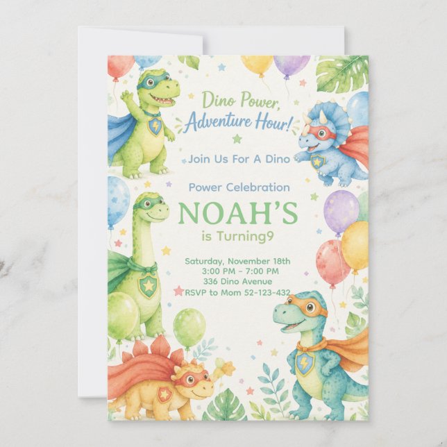 Invitation Dino Power Adventure Hour Watercolor Dinosaur  (Devant)