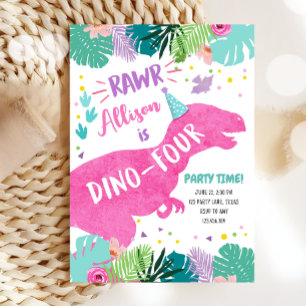 Invitation Dino-Quatre Dinosaure Rose Fille 4e anniversaire