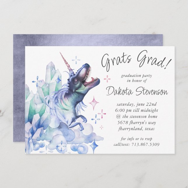 Invitation Dinocorn cristal violet | Unicorn Dinosaur Grad (Devant / Derrière)
