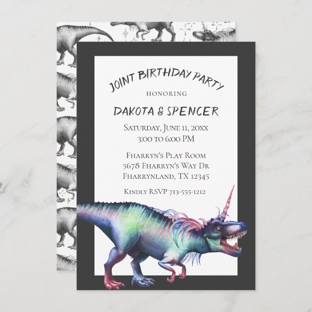 Invitation Dinocorn fête d'anniversaire conjointe | Unicorn D (Devant / Derrière)