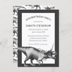 Invitation Dinocorn Silver   Unicorn Dinosaur fête d'annivers