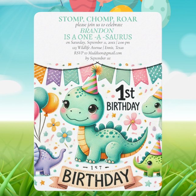 Invitation Dinosaur 1er anniversaire Boy Stomp Chomp Roar (Créateur téléchargé)