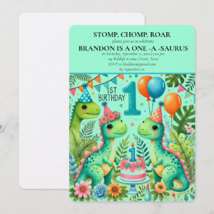 Invitation Dinosaur 1er anniversaire Boy Stomp Chomp Roar