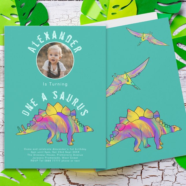 Invitation Dinosaur 1er anniversaire de fête Photo (Dinosaur 1st birthday one-a-saurus party invitation )